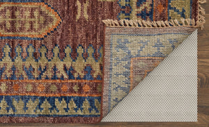 HomeRoots 3' Hand-Knotted Wool Area Rug in Blue, Red, and Tan Geometric Design with Tasseled Fringe Charm 4' X 6' 567028