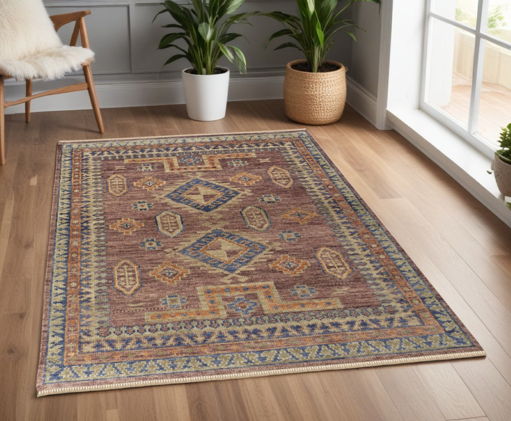 HomeRoots 3' Hand-Knotted Wool Area Rug in Blue, Red, and Tan Geometric Design with Tasseled Fringe Charm 4' X 6' 567028