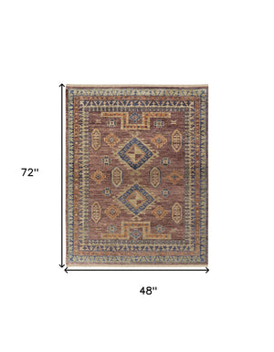 Homeroots 4' X 6' Blue Red And Tan Wool Geometric Hand Knotted Area Rug With Fringe Red Wool 567028