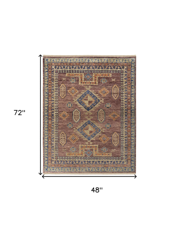 Homeroots 4' X 6' Blue Red And Tan Wool Geometric Hand Knotted Area Rug With Fringe Red Wool 567028