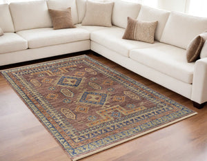 Homeroots 5' X 8' Blue Red And Tan Wool Geometric Hand Knotted Area Rug With Fringe Red Wool 567029