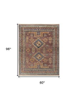 Homeroots 5' X 8' Blue Red And Tan Wool Geometric Hand Knotted Area Rug With Fringe Red Wool 567029