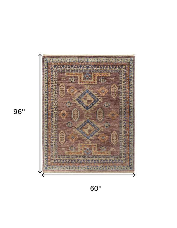 Homeroots 5' X 8' Blue Red And Tan Wool Geometric Hand Knotted Area Rug With Fringe Red Wool 567029