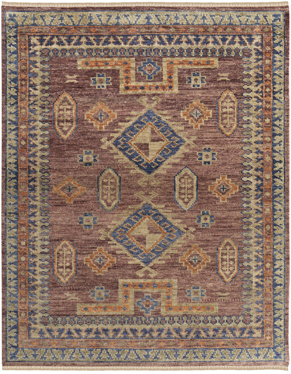 Homeroots 5' X 8' Blue Red And Tan Wool Geometric Hand Knotted Area Rug With Fringe Red Wool 567029