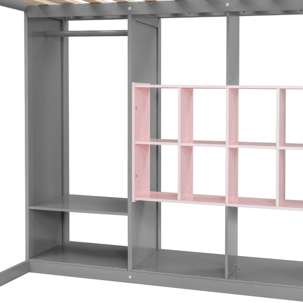 English Elm Twin Loft Bed with Wardrobe Shelves and Cabinet Kids Bedroom Wood Storage Frame Pink+Grey N708S00024E