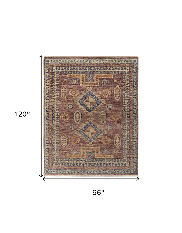 Homeroots 8' X 10' Blue Red And Tan Wool Geometric Hand Knotted Area Rug With Fringe Red Wool 567030
