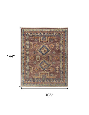HomeRoots 3' Hand-Knotted Wool Area Rug in Blue, Red, and Tan Geometric Design with Tasseled Fringe Charm 9' X 12' 567031