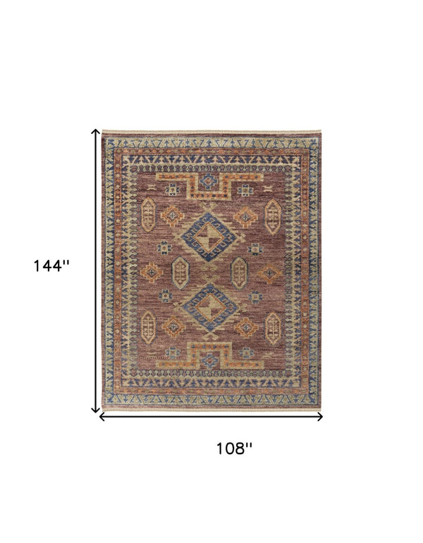 HomeRoots 3' Hand-Knotted Wool Area Rug in Blue, Red, and Tan Geometric Design with Tasseled Fringe Charm 9' X 12' 567031
