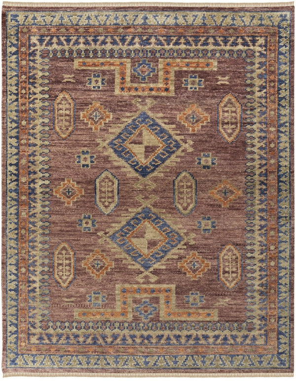 HomeRoots 3' Hand-Knotted Wool Area Rug in Blue, Red, and Tan Geometric Design with Tasseled Fringe Charm 9' X 12' 567031