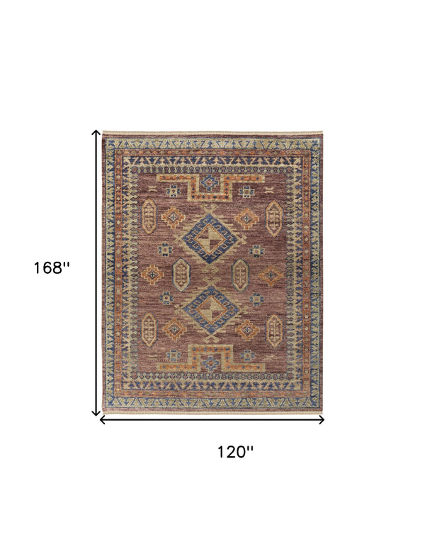 Homeroots 10' X 14' Blue Red And Tan Wool Geometric Hand Knotted Area Rug With Fringe Red Wool 567032
