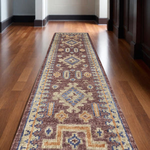 HomeRoots 3' Hand-Knotted Wool Area Rug in Blue, Red, and Tan Geometric Design with Tasseled Fringe Charm 10' Runner 567033