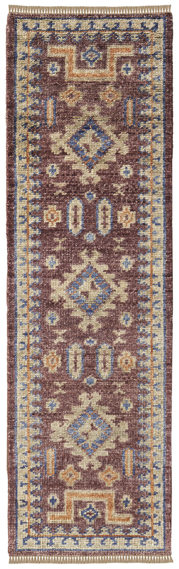 Homeroots 12' Blue Red And Tan Wool Geometric Hand Knotted Runner Rug With Fringe Red Wool 567034