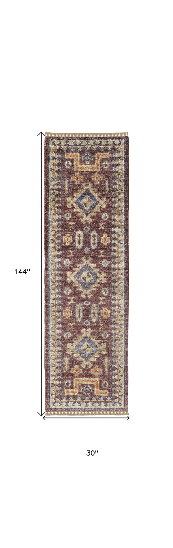 Homeroots 12' Blue Red And Tan Wool Geometric Hand Knotted Runner Rug With Fringe Red Wool 567034