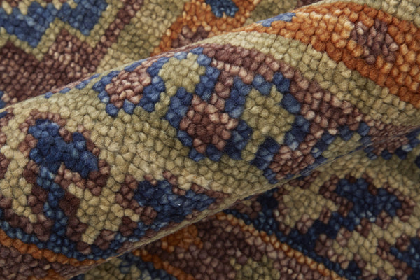 Homeroots 14' Blue Red And Tan Wool Geometric Hand Knotted Runner Rug With Fringe Red Wool 567035