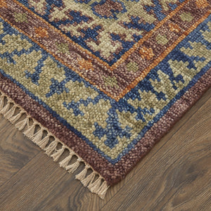 Homeroots 14' Blue Red And Tan Wool Geometric Hand Knotted Runner Rug With Fringe Red Wool 567035