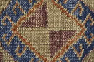 Homeroots 14' Blue Red And Tan Wool Geometric Hand Knotted Runner Rug With Fringe Red Wool 567035