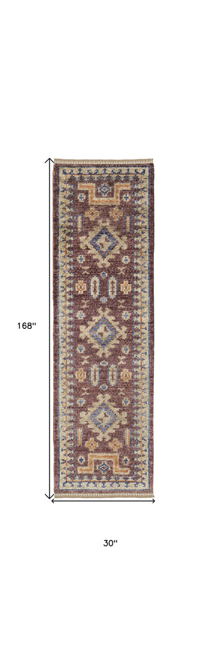 Homeroots 14' Blue Red And Tan Wool Geometric Hand Knotted Runner Rug With Fringe Red Wool 567035