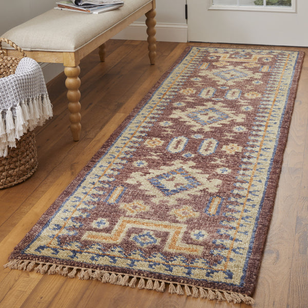 Homeroots 8' Blue Red And Tan Wool Geometric Hand Knotted Runner Rug With Fringe Red Wool 567036