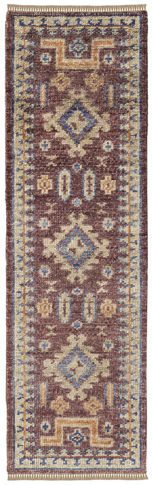 Homeroots 8' Blue Red And Tan Wool Geometric Hand Knotted Runner Rug With Fringe Red Wool 567036
