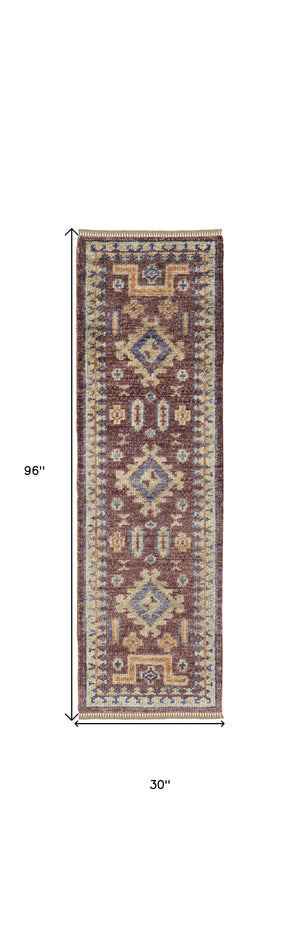 Homeroots 8' Blue Red And Tan Wool Geometric Hand Knotted Runner Rug With Fringe Red Wool 567036