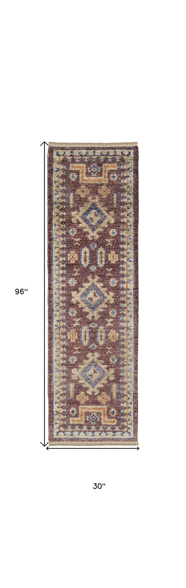 Homeroots 8' Blue Red And Tan Wool Geometric Hand Knotted Runner Rug With Fringe Red Wool 567036