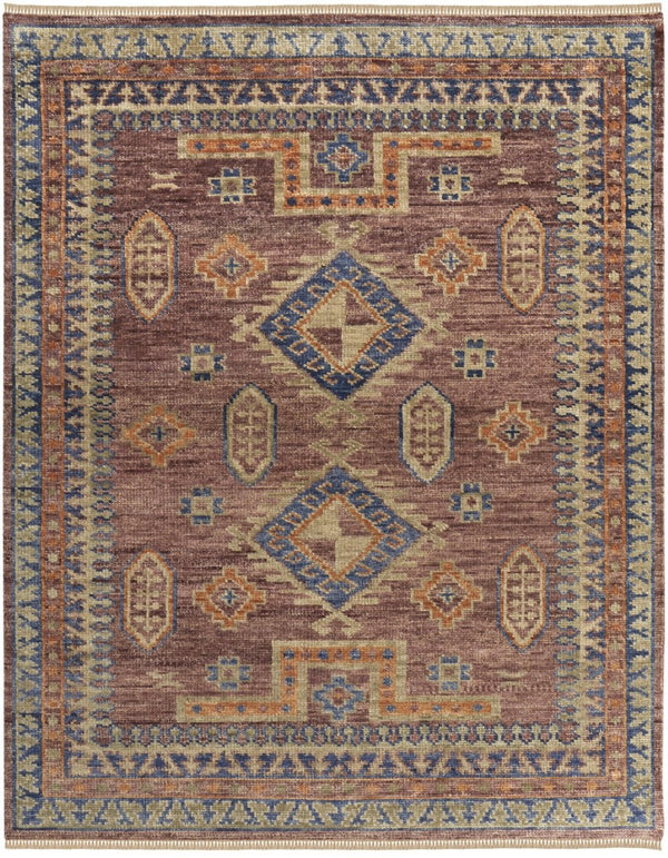 HomeRoots 3' Hand-Knotted Wool Area Rug in Blue, Red, and Tan Geometric Design with Tasseled Fringe Charm 12' X 15' 567037