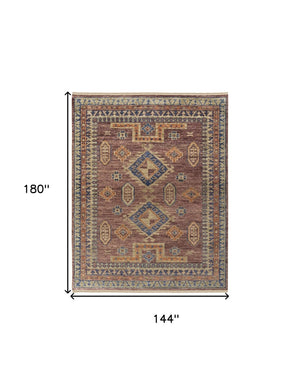 HomeRoots 3' Hand-Knotted Wool Area Rug in Blue, Red, and Tan Geometric Design with Tasseled Fringe Charm 12' X 15' 567037