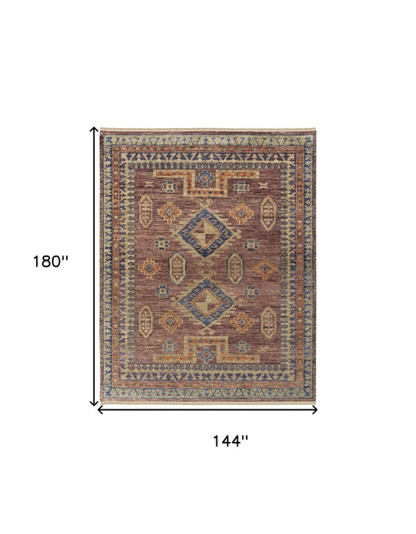 HomeRoots 3' Hand-Knotted Wool Area Rug in Blue, Red, and Tan Geometric Design with Tasseled Fringe Charm 12' X 15' 567037