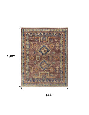 Homeroots 12' X 15' Blue Red And Tan Wool Geometric Hand Knotted Area Rug With Fringe Red Wool 567037