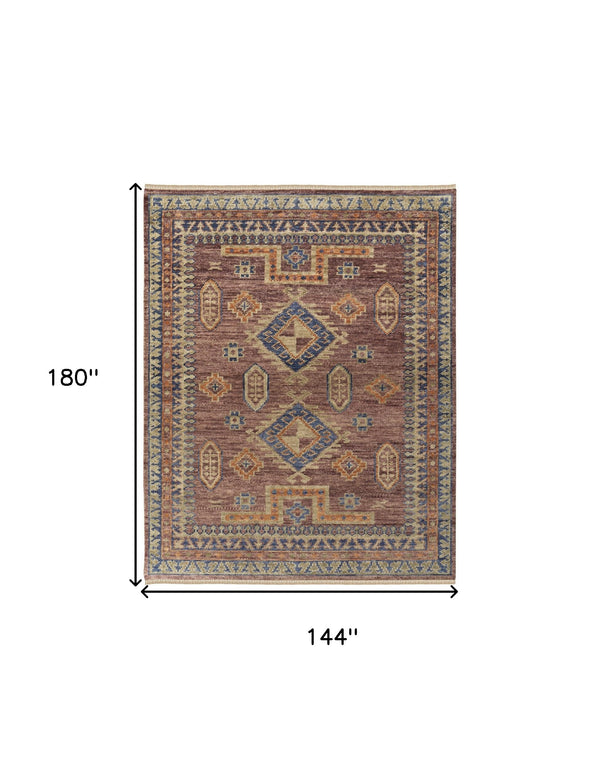 Homeroots 12' X 15' Blue Red And Tan Wool Geometric Hand Knotted Area Rug With Fringe Red Wool 567037