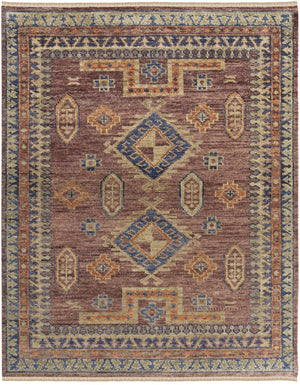 HomeRoots 3' Hand-Knotted Wool Area Rug in Blue, Red, and Tan Geometric Design with Tasseled Fringe Charm 12' X 15' 567037