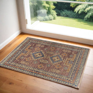 Homeroots 2' X 3' Blue Red And Tan Wool Geometric Hand Knotted Area Rug With Fringe Red Wool 567038