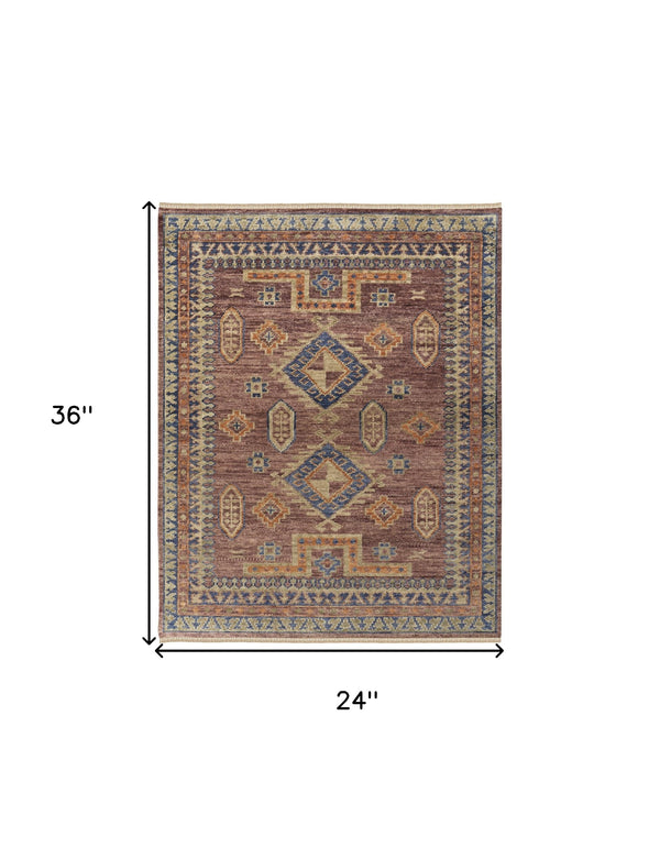 Homeroots 2' X 3' Blue Red And Tan Wool Geometric Hand Knotted Area Rug With Fringe Red Wool 567038