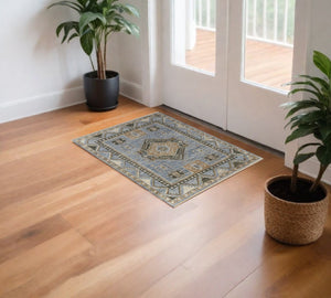 HomeRoots 3' Hand-Knotted Wool Oriental Area Rug in Ivory Tan and Blue – Elegant, Stain-Resistant Design 3' X 5' 567039
