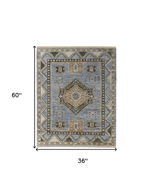 HomeRoots 3' Hand-Knotted Wool Oriental Area Rug in Ivory Tan and Blue – Elegant, Stain-Resistant Design 3' X 5' 567039