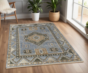HomeRoots 3' Hand-Knotted Wool Oriental Area Rug in Ivory Tan and Blue – Elegant, Stain-Resistant Design 4' X 6' 567040