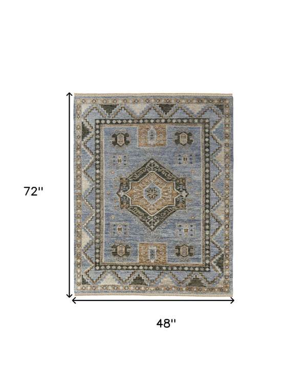 HomeRoots 3' Hand-Knotted Wool Oriental Area Rug in Ivory Tan and Blue – Elegant, Stain-Resistant Design 4' X 6' 567040