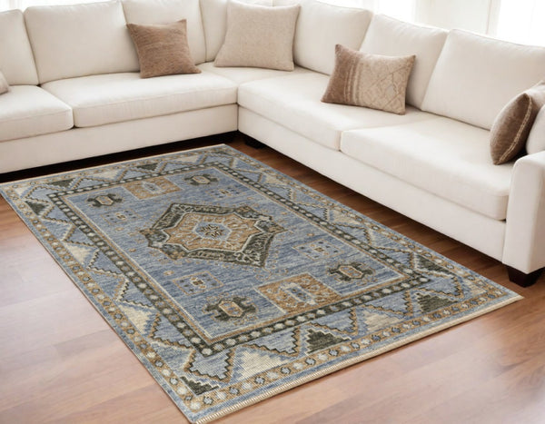 HomeRoots 3' Hand-Knotted Wool Oriental Area Rug in Ivory Tan and Blue – Elegant, Stain-Resistant Design 5' X 8' 567041