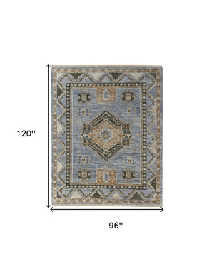 HomeRoots 3' Hand-Knotted Wool Oriental Area Rug in Ivory Tan and Blue – Elegant, Stain-Resistant Design 8' X 10' 567042