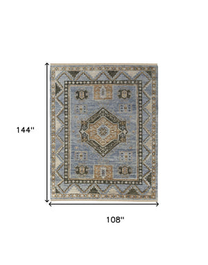HomeRoots 3' Hand-Knotted Wool Oriental Area Rug in Ivory Tan and Blue – Elegant, Stain-Resistant Design 9' X 12' 567043