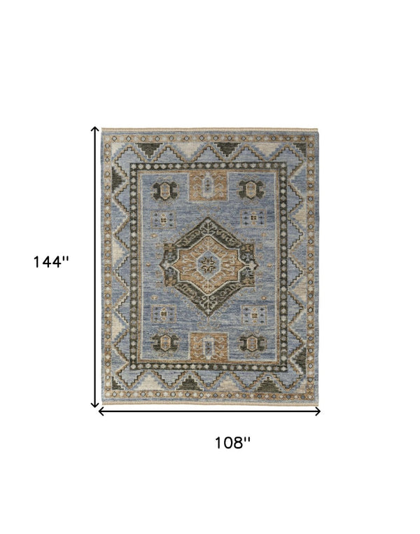 HomeRoots 3' Hand-Knotted Wool Oriental Area Rug in Ivory Tan and Blue – Elegant, Stain-Resistant Design 9' X 12' 567043