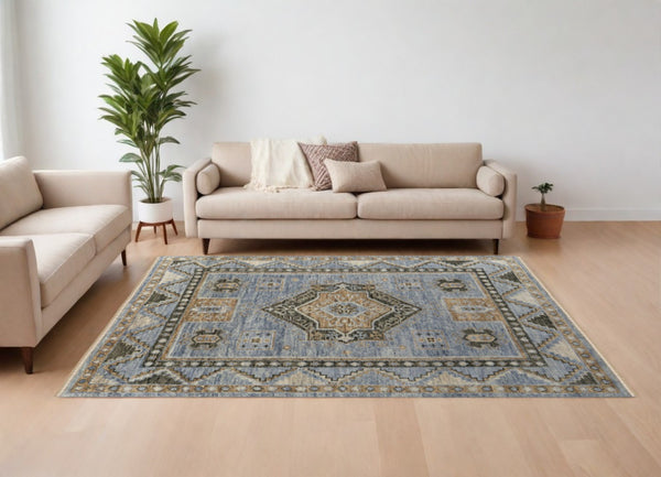 HomeRoots 3' Hand-Knotted Wool Oriental Area Rug in Ivory Tan and Blue – Elegant, Stain-Resistant Design 10' X 14' 567044