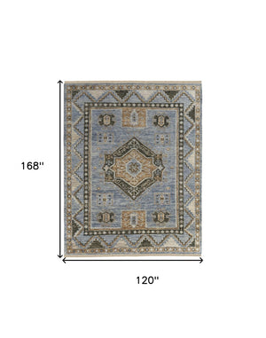 HomeRoots 3' Hand-Knotted Wool Oriental Area Rug in Ivory Tan and Blue – Elegant, Stain-Resistant Design 10' X 14' 567044
