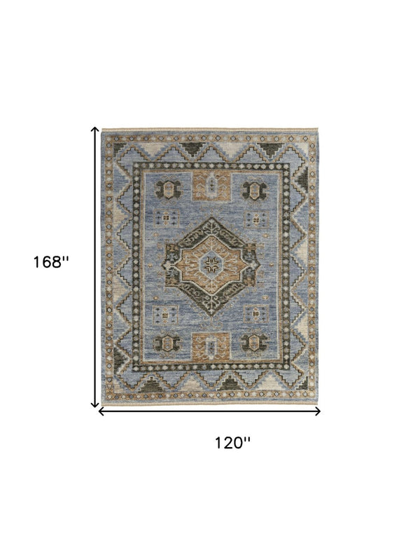 HomeRoots 3' Hand-Knotted Wool Oriental Area Rug in Ivory Tan and Blue – Elegant, Stain-Resistant Design 10' X 14' 567044