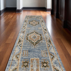 HomeRoots 3' Hand-Knotted Wool Oriental Area Rug in Ivory Tan and Blue – Elegant, Stain-Resistant Design 10' Runner 567045