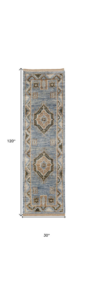 HomeRoots 3' Hand-Knotted Wool Oriental Area Rug in Ivory Tan and Blue – Elegant, Stain-Resistant Design 10' Runner 567045