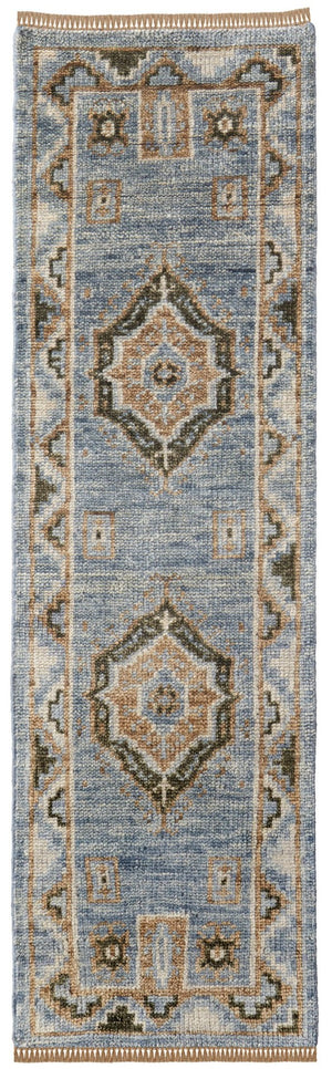 HomeRoots 3' Hand-Knotted Wool Oriental Area Rug in Ivory Tan and Blue – Elegant, Stain-Resistant Design 10' Runner 567045