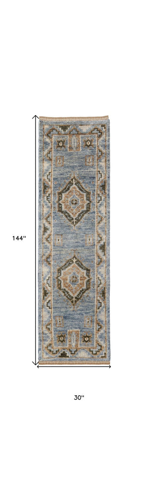 HomeRoots 3' Hand-Knotted Wool Oriental Area Rug in Ivory Tan and Blue – Elegant, Stain-Resistant Design 12' Runner 567046