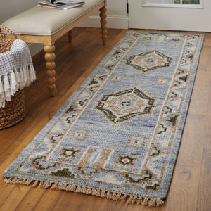HomeRoots 3' Hand-Knotted Wool Oriental Area Rug in Ivory Tan and Blue – Elegant, Stain-Resistant Design 14' Runner 567047