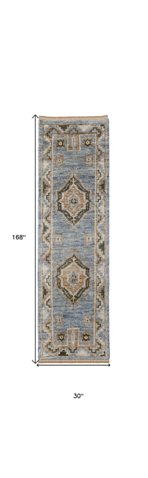 HomeRoots 3' Hand-Knotted Wool Oriental Area Rug in Ivory Tan and Blue – Elegant, Stain-Resistant Design 14' Runner 567047